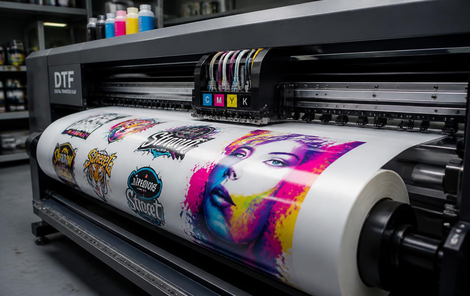 Plotter DTF che stampa grafiche CMYK su film transfer al metro